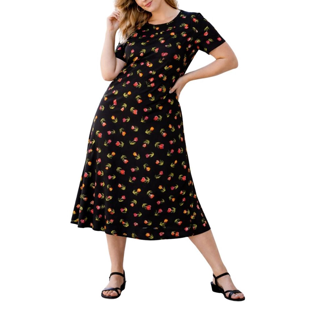 Lands' End Black Floral Tulip Cotton Shirt Dress Women’s L Midi Casual Spring